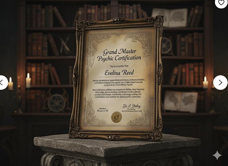 May include: A framed certificate with elaborate gold detailing, labelled "Grand Master Psychic Certification" and the name "Evelina Reed." The certificate is displayed on a stone plinth in a room with bookshelves and candles.