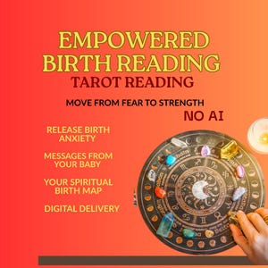 Puede incluir: Imagen con texto que dice "Lectura de nacimiento empoderada, lectura de tarot". También se ve un gráfico circular del zodíaco con cristales de colores y una vela encendida. El texto también menciona "Aliviar la ansiedad del nacimiento" y "Mensajes de tu bebé".