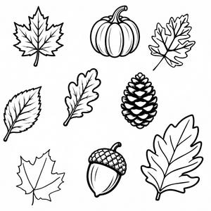 Puede incluir: Una ilustración de arte lineal en blanco y negro que presenta una colección de elementos con temática otoñal, incluyendo una calabaza, una piña, una bellota y varios tipos de hojas como arce y roble, dispuestos en un patrón disperso.