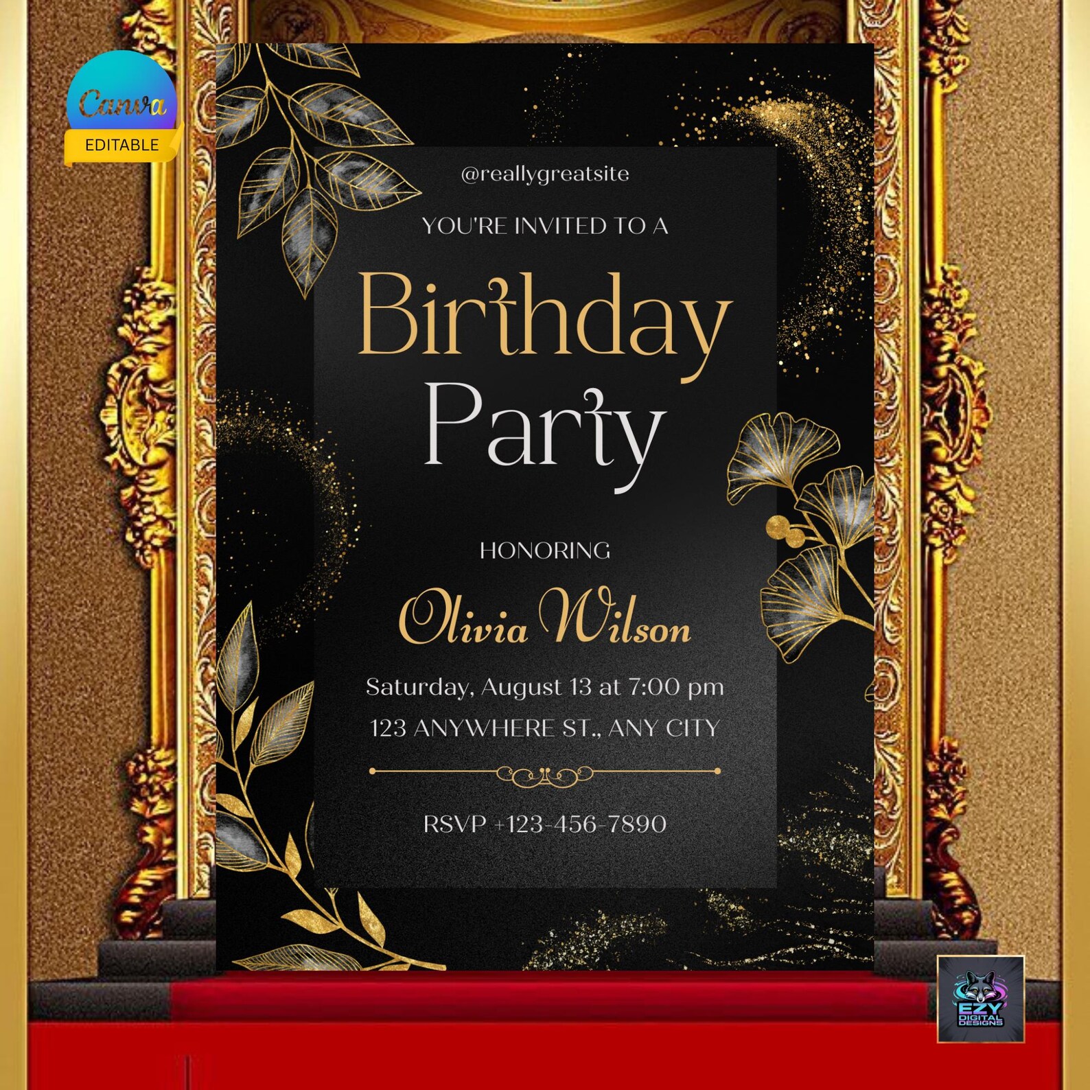 Black Gold Birthday Invitation | Editable Canva Template (digital ...