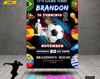May include: A black soccer-themed birthday invitation with the text "It's Game Time!" and "Happy Birthday". The invitation includes a soccer ball, flags, and the name "Brandon" with the age "2".