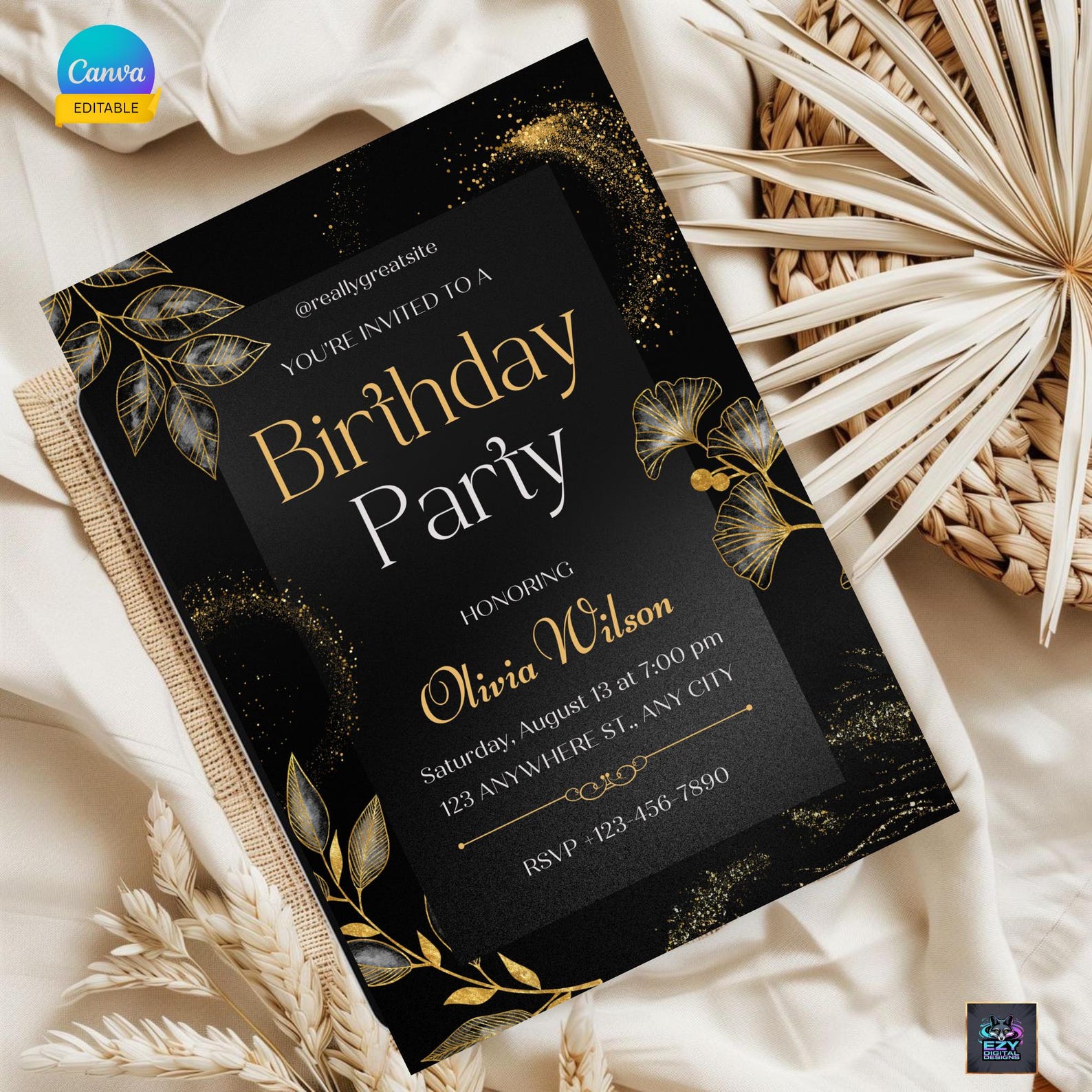 Black Gold Birthday Invitation | Editable Canva Template (digital ...
