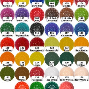 May include: A collection of 40 round, decorative items in various colors, each labeled with a number and a color name. Colors include red, yellow, blue, green, orange, purple, and brown. The items have a floral design.