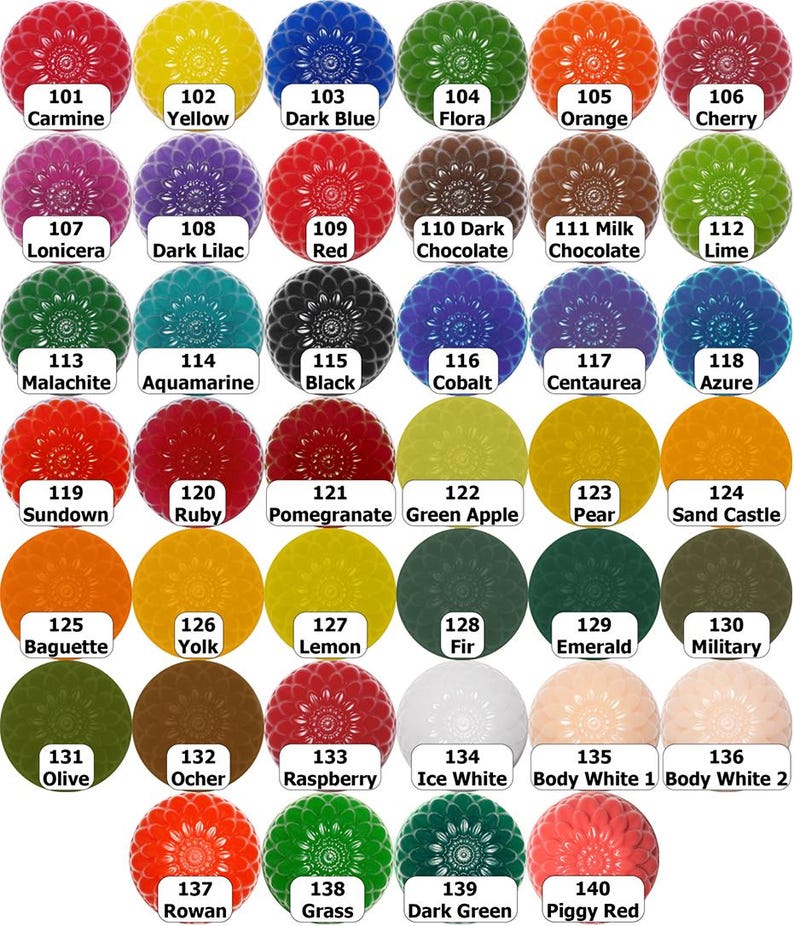 May include: A collection of 40 round, decorative items in various colors, each labeled with a number and a color name. Colors include red, yellow, blue, green, orange, purple, and brown. The items have a floral design.