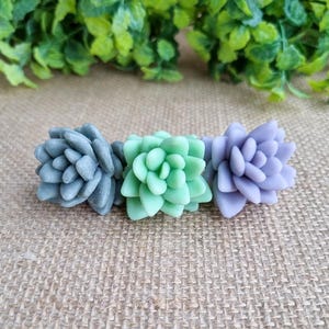 May include: Three succulent-shaped soaps in shades of gray, green, and lavender. The soaps are arranged in a row, showcasing their detailed petal formations. The background features a textured, neutral surface and greenery.