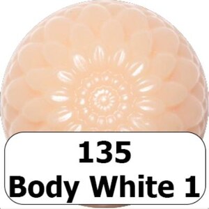 May include: Three spherical objects with a floral pattern, each with a different shade of white. The first is labeled "134 Ice White", the second "135 Body White 1", and the third "136 Body White 2".