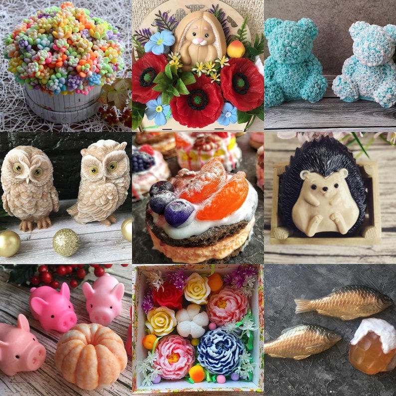 May include: A collection of handmade soaps in various shapes and designs. The soaps include a variety of floral arrangements, animal figures like owls, pigs, and bears, and food-themed soaps resembling cakes and fish. The colors are vibrant and the details are intricate.