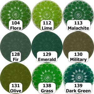 May include: Nine green-toned spheres with floral patterns. Each sphere has a different shade of green, ranging from light lime to dark green. Each sphere has a white label with a color name and number, including "Flora", "Lime", "Malachite", "Fir", "Emerald", "Military", "Olive", "Grass", and "Dark Green".