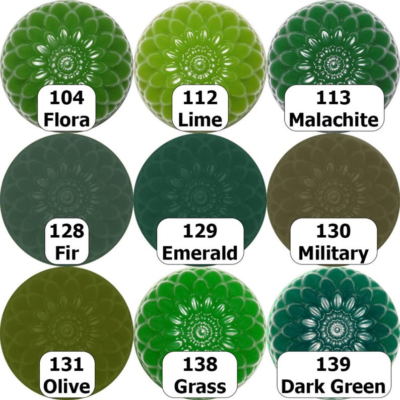 May include: Nine green-toned spheres with floral patterns. Each sphere has a different shade of green, ranging from light lime to dark green. Each sphere has a white label with a color name and number, including "Flora", "Lime", "Malachite", "Fir", "Emerald", "Military", "Olive", "Grass", and "Dark Green".