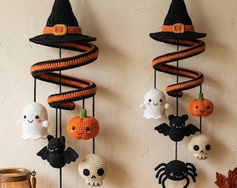 Halloween Amigurumi Hanging Crochet Pattern |  Witch Hat Spiral PDF | Ghost Bat Pumpkin Skull Spider | Beginner Crochet Decor Bundle