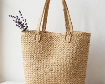 Raffia Tote Bag Crochet Pattern | Woven Herringbone Beach Tote PDF | Easy Market Bag DIY | Summer Straw-Look Handbag Tutorial