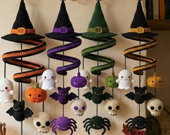 Halloween Amigurumi Hanging Crochet Pattern |  Witch Hat Spiral PDF | Ghost Bat Pumpkin Skull Spider | Beginner Crochet Decor Bundle