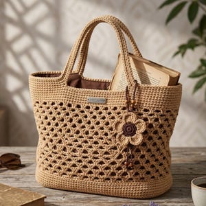 May include: A beige crochet tote bag with an openwork diamond pattern, two sturdy handles, and a dark brown fabric lining. A small metal brand tag is attached to the front, along with a decorative crocheted flower charm with wooden beads.