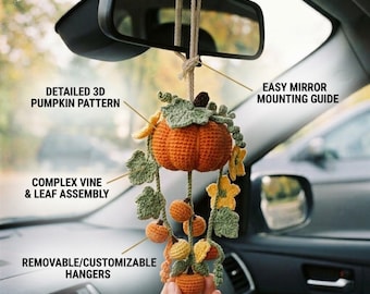 Crochet Pumpkin Car Mirror Charm Pattern PDF | Fall Rearview Mirror Hanger | Autumn Amigurumi Tutorial | Boho Pumpkin Vine Car Accessory