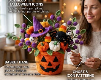 Halloween Centerpiece Crochet Pattern PDF | Jack O Lantern Basket Bouquet | Witch Hat Spider Ghost Pumpkin Amigurumi | 25+ Page Tutorial