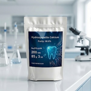 May include: A white pouch with a blue label featuring the text "Hydroxyapatite Calcium" and a glowing tooth graphic. The label also includes the text "Purity: 99.9%", "200 nm", and "85 g 3 oz". The background shows laboratory equipment.