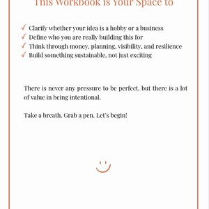 以下が含まれることがあります： Carine Khoury Niemann著「How (Not) To Start Your Own Small Business」というワークブックのページ。ビジネスアイデアの明確化、ターゲットの定義、計画、持続可能性に関する目標が記載されており、最後には励ましのメッセージが添えられています。