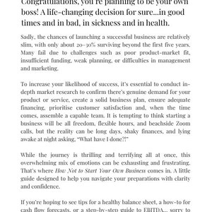 以下が含まれることがあります： Carine Khoury Niemann著『How Not to Start Your Own Small Business』の1ページ。HELLO & WELCOMEと題されたこのテキストは、起業の課題、事業計画、そして新しいビジネスを立ち上げる際の現実について論じています。