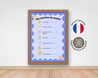 Rutina matutina infantil azul ondulado | Tabla de independencia Montessori | Ayuda visual para el TDAH | Organizador escolar en PDF