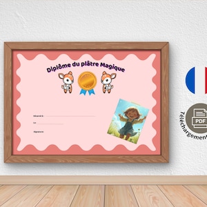 May include: A framed pink certificate with the text "Diplôme du plâtre Magique" and illustrations of deer and a gold medal. A small image of a girl is on the certificate. The frame is brown, and the background is white.
