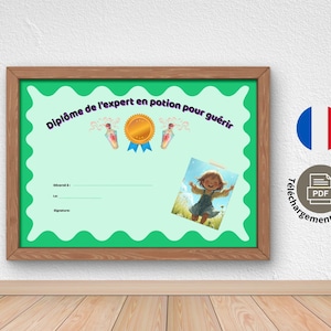 May include: A framed certificate with the text "Diplôme de l'expert en potion pour guérir" in purple. The certificate has a light green background with a scalloped edge and a small illustration of a girl. A gold medal and potion bottles are also featured.