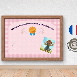 May include: A framed certificate with the text "Diplôme de la bravoure pour le retrait des fils" in pink, featuring a gold medal and a picture of a girl. The certificate is on a pink checkered background.