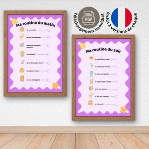 Può includere: Due stampe incorniciate con liste di controllo della routine mattutina e serale in francese. Le stampe hanno uno sfondo viola chiaro con un bordo ondulato e illustrazioni. Le cornici sono marroni. Il testo "Ma routine du matin" e "Ma routine du soir" sono visibili.