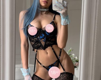 Completo intimo blu ricamato, completo corsetto in pizzo trasparente, lingerie con giarrettiera nera, completo intimo gotico, lingerie da sposa, intimo da donna