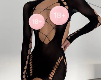Mini abito nero con ritagli, abito lingerie in rete trasparente, abito aderente a maniche lunghe, abbigliamento da discoteca, abito a rete con ritagli per donna
