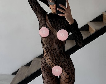 Body in pizzo a rete nera, lingerie trasparente con cut-out