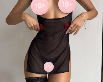 Mini abito intimo nero trasparente, camicia da notte con scollo aperto, babydoll in rete trasparente, abito intimo, completo da boudoir, costume da infermiera