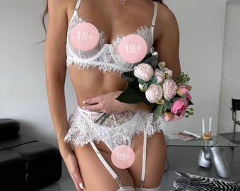 White Lace Garter Lingerie Set, Sheer Bra and Panty, Ruffle Details