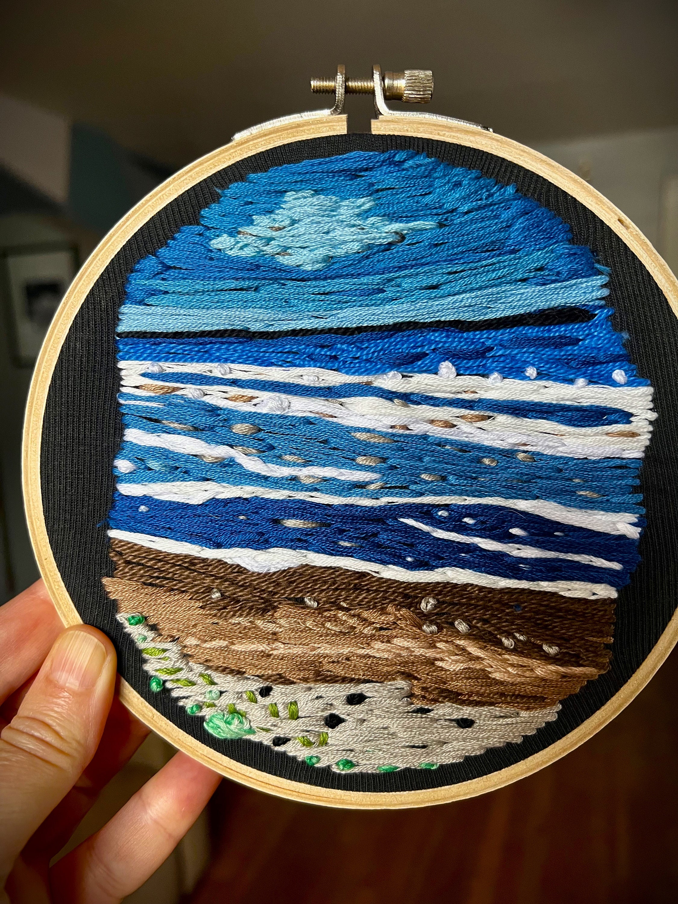 6 Inch Embroidery Hoop Frame With Embroidered Beach Landscape.Handmade