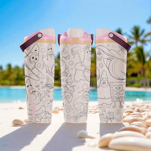 May include: Three white water bottles with black line drawings of SpongeBob SquarePants characters. Each bottle has a pink and brown lid and handle. The bottles are on a sandy beach with a blue sky and palm trees in the background.
