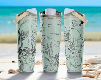 Engraved Owala FreeSip Bottle – Manatee Ocean Theme – Cute Sea Cow Tumbler 30oz 40oz
