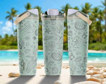 Engraved Ocean Friends Owala Sway Bottle – 30oz 40oz – Eucalyptus Sea Life Tumbler with Turtle, Jellyfish, Seashells