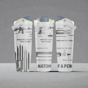 May include: Three white water bottles with gray lids and handles. Each bottle features a different design with gun-related illustrations and the text "ANATOMY OF A PEW PEWER" and "ANATOMY OF A PEW". The bottles have a patriotic theme.