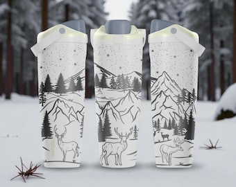 May include: Three white insulated water bottles with a grey lid and handle, featuring a black line art illustration of a winter mountain landscape with pine trees, a starry sky, and deer standing in the snow. The brand name Owala is printed vertically.