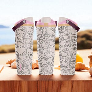 May include: Three white water bottles with a Hello Kitty design. The bottles have a pink and white lid and handle. The Hello Kitty design is black and white and features hearts and bows.