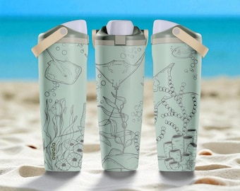 Engraved Owala FreeSip Bottle – Sea Life Stingray Ocean Design on Eucalyptus – 24oz 32oz 40oz