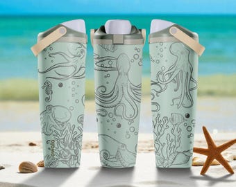 Gravierte Oktopus Ozean Owala Sway Flasche - 920 1200 – Eukalyptus Grün – Geschenk für Sie und Ihn