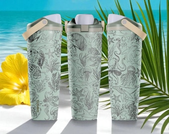 Gegraveerde Owala Sway-fles met zeedieren – 884 ml (30 oz) of 1294 ml (40 oz) – Eucalyptus drinkbeker met zeedieren, vissen, schildpadden, kwallen en koraal.