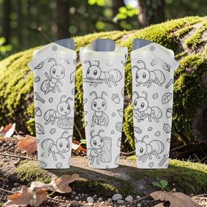 May include: Three white reusable water bottles with a grey flip-top lid and a repeating black line art pattern of cartoon ants, acorns, leaves, and small twigs. The bottles feature a smooth cylindrical body and a secure locking mechanism.