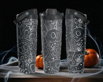 Engraved Cute Skulls and Flowers Bottle – 30oz 40oz – Black Halloween Tumbler – Spooky Cute Gift
