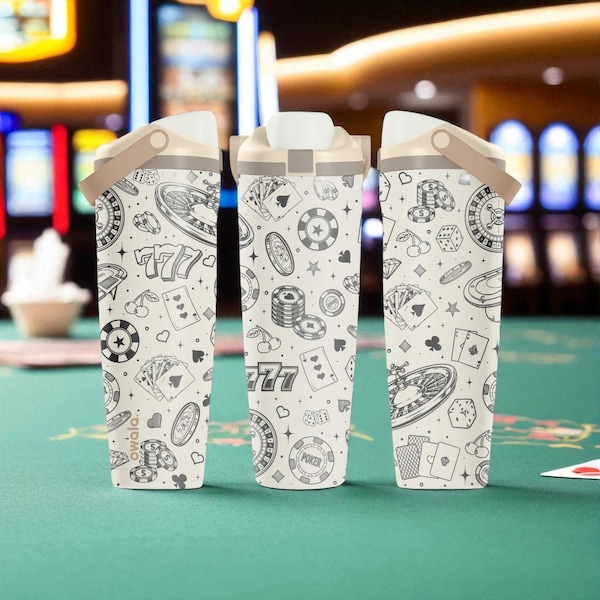 Casino Engraved Owala Sway Bottle – Poker Chips and Cards Wrap – 30oz 40oz Stainless Steel Cup