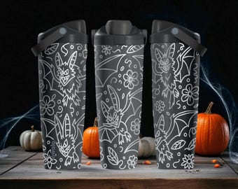 Wilde vleermuizen gegraveerde Owala Sway-fles – Halloween-wrap met spookachtige bloemen – 30 oz 40 oz roestvrij staal
