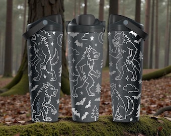 Gegraveerde weerwolf Owala Sway-fles – 30 oz 40 oz – Dark Forest Wolf-waterfles – gotisch cadeau-idee