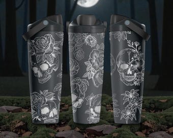 Engraved Skull & Flowers Owala Sway Bottle – 30oz 40oz – Gothic Water Bottle – Dark Floral Gift Idea
