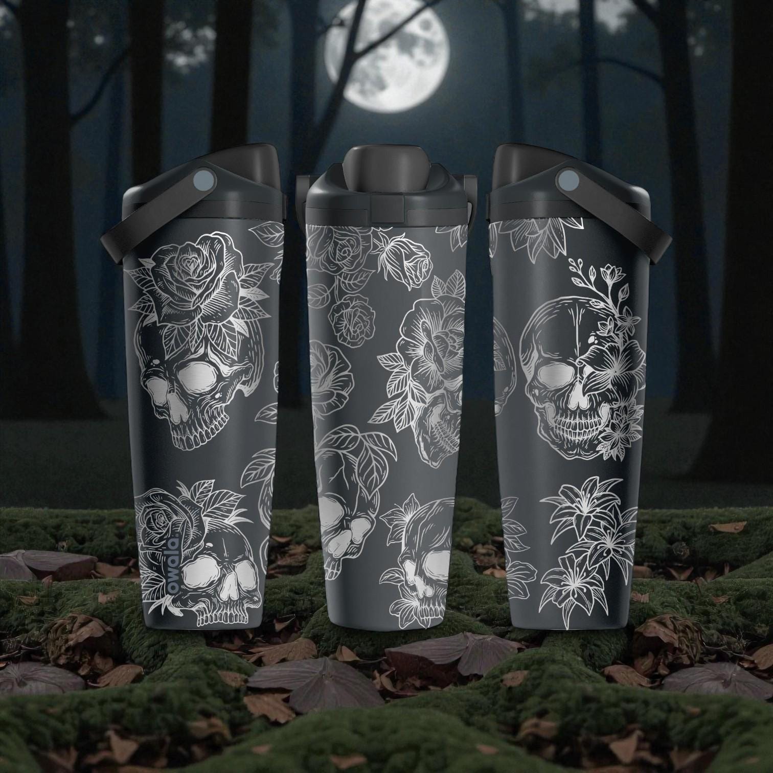 Engraved Skull & Flowers Owala Sway Bottle – 30oz 40oz – Gothic