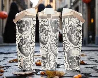 Botella con calaveras y corazones grabados (30 oz y 40 oz) – Ligeramente tostado – Vaso gótico anatómico